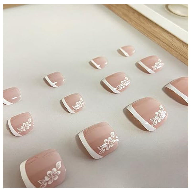 White Floral Press On Toenails — 24 PCS French Tip Short Square | Glue-On Fake Toe Nails for Women — Prime Trend Market