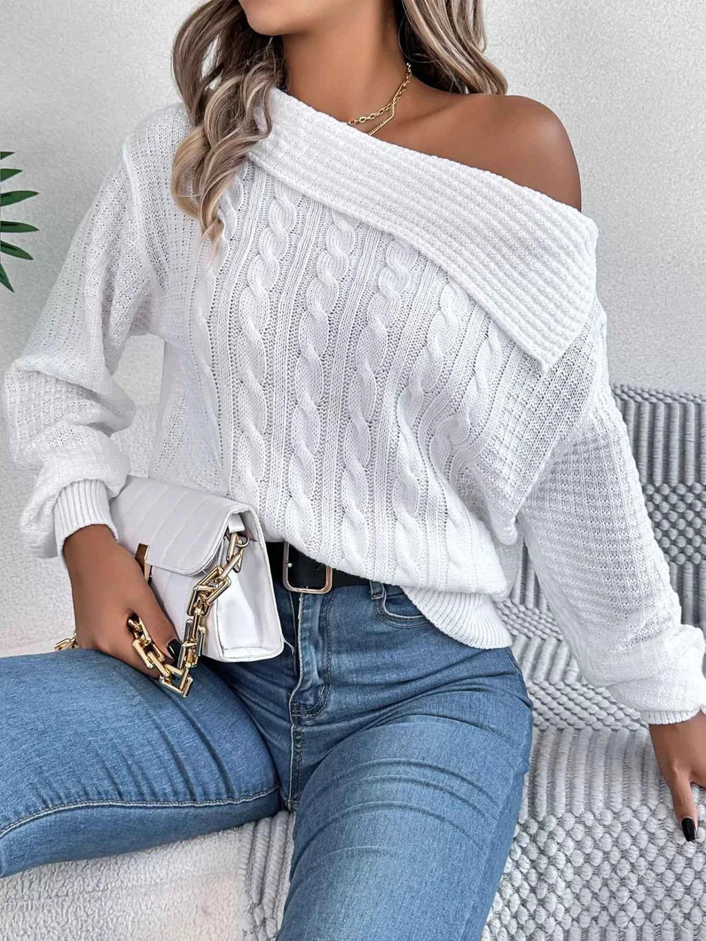 Off-Shoulder Cable-Knit Sweater
