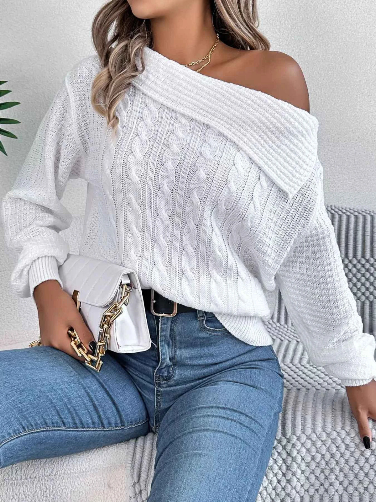 Off-Shoulder Cable-Knit Sweater