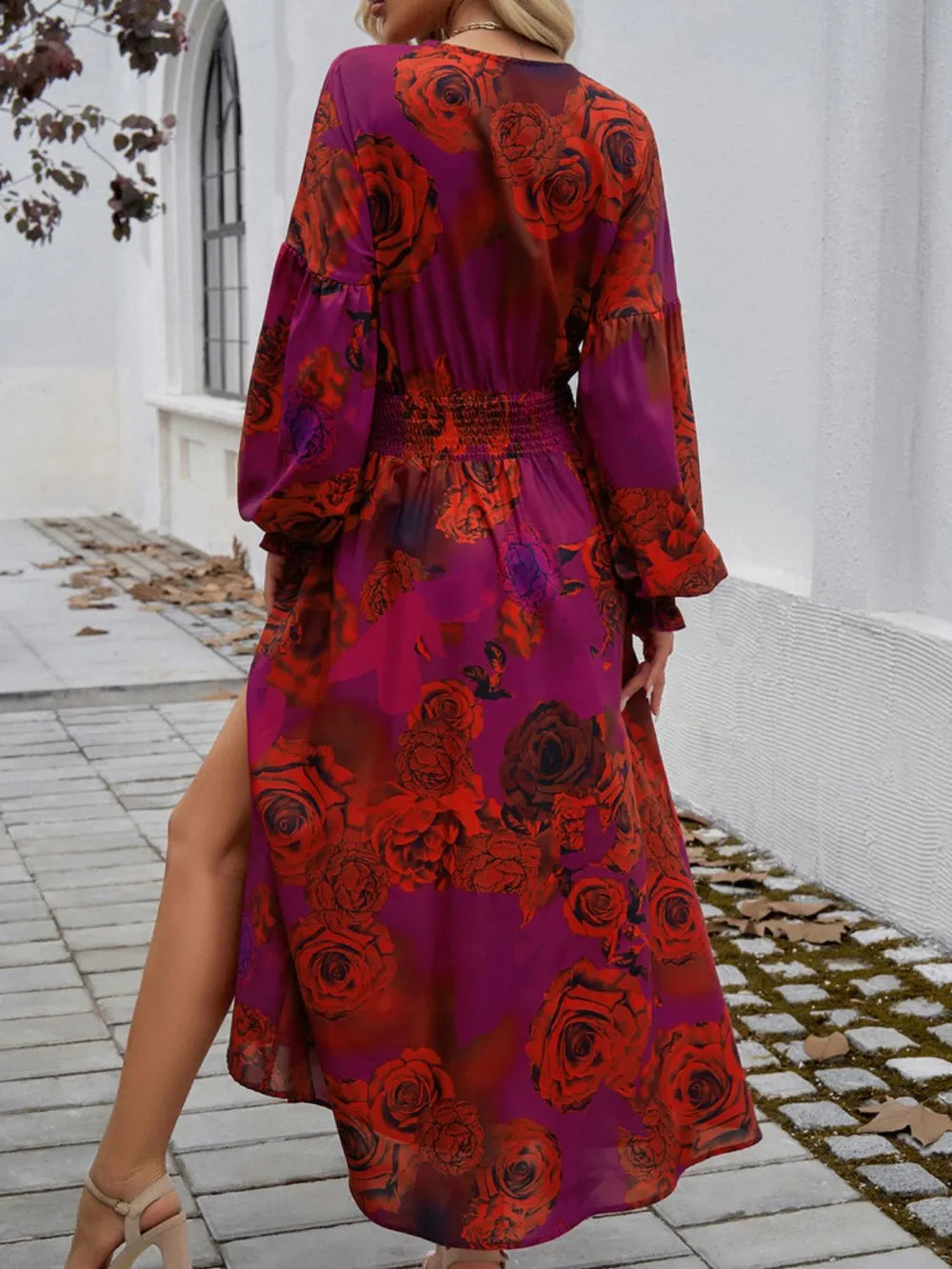Devine Scarlet Floral Surplice Long-Sleeve Slit Dress