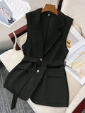 Black Tie-Waist Lapel-Collar Sleeveless Blazer
