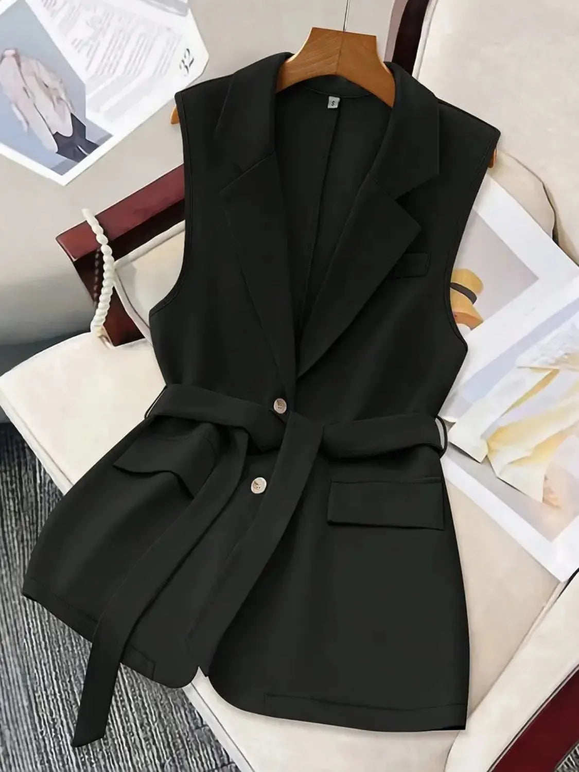 Black Tie-Waist Lapel-Collar Sleeveless Blazer
