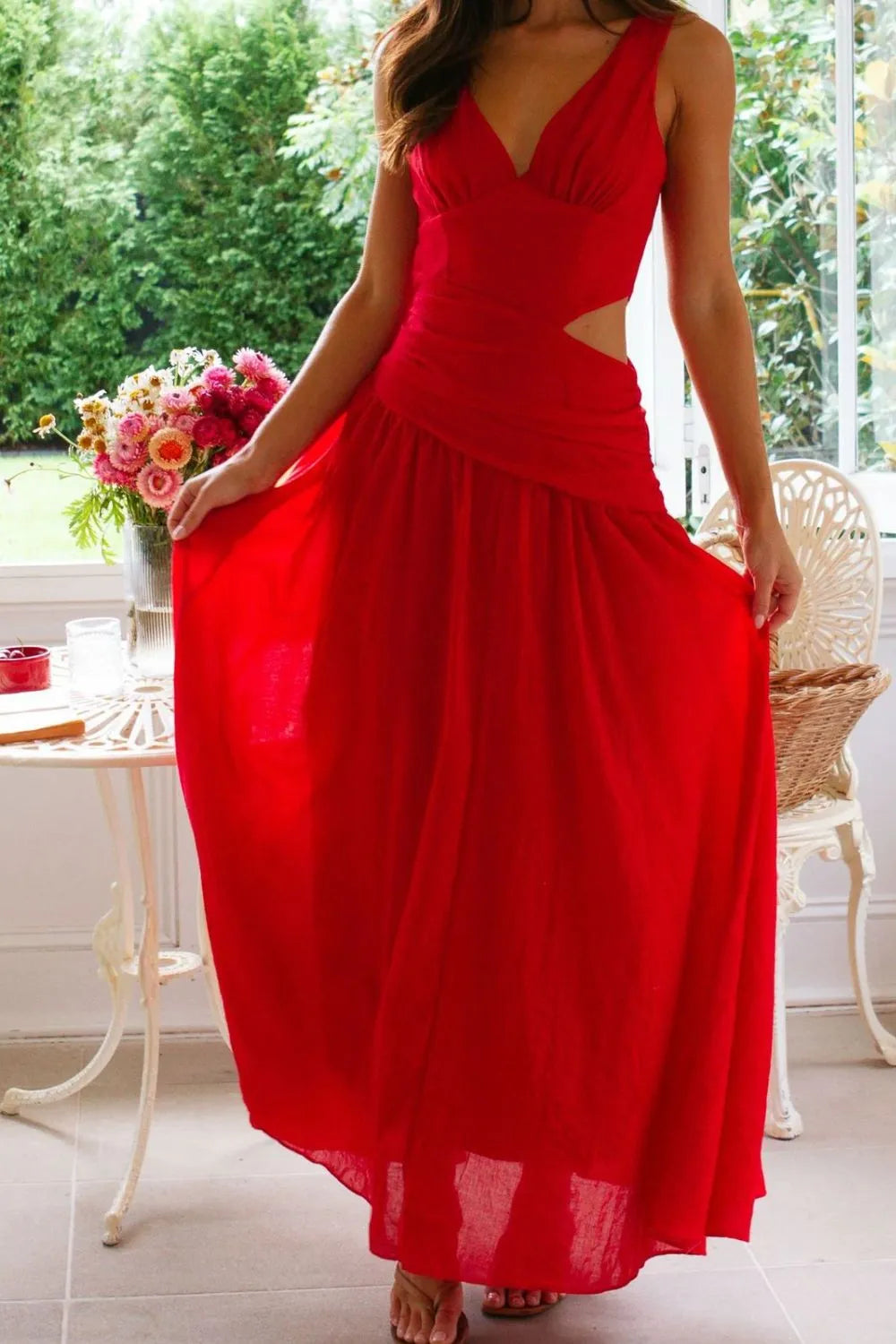 V-Neck Side-Cutout Ruched Maxi Dress
