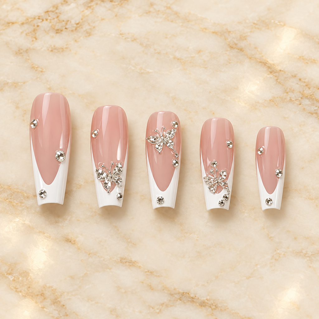 Diamond butterfly press-on nails