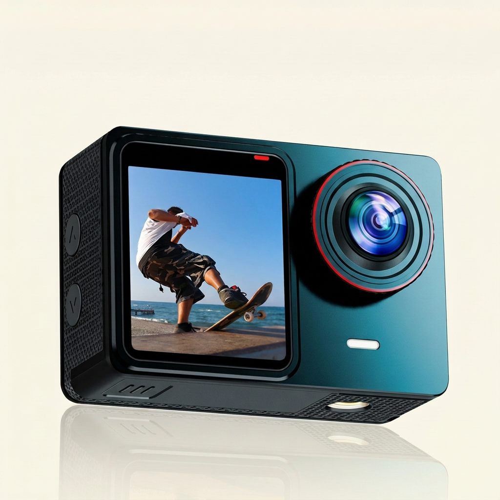 Action camera with a front display showing a skateboarder, a circular lens and teal accents on a cream background.

