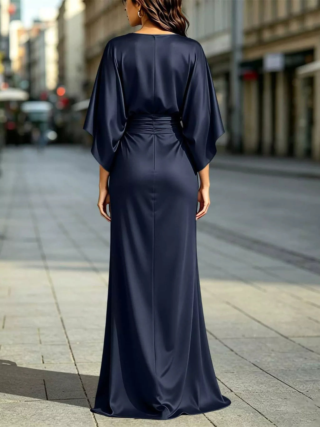 Ruched-Waist Draped-Sleeve Slit Maxi Dress with Pockets