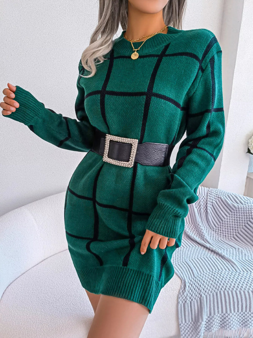 Windowpane Plaid Round-Neck Sweater Mini Dress