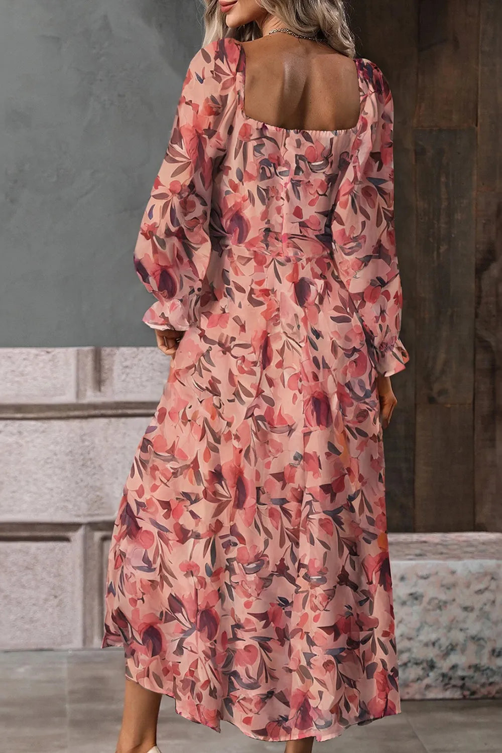 Floral Square-Neck Flounce-Sleeve Slit Midi Dress