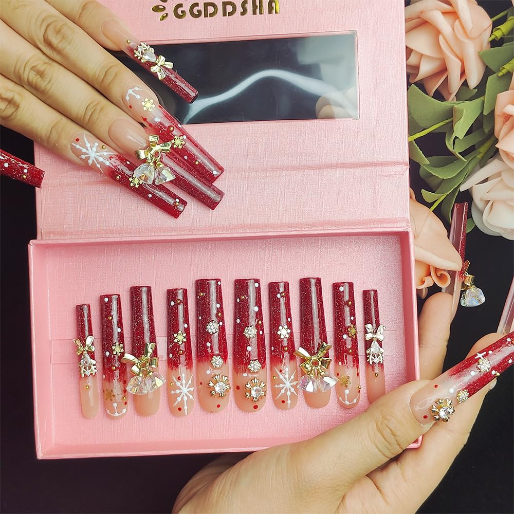 Red Snowflake Rhinestone Press-On Nails — Long PMMA Acrylic, Reusable, 2 Sizes — Prime Trend Market