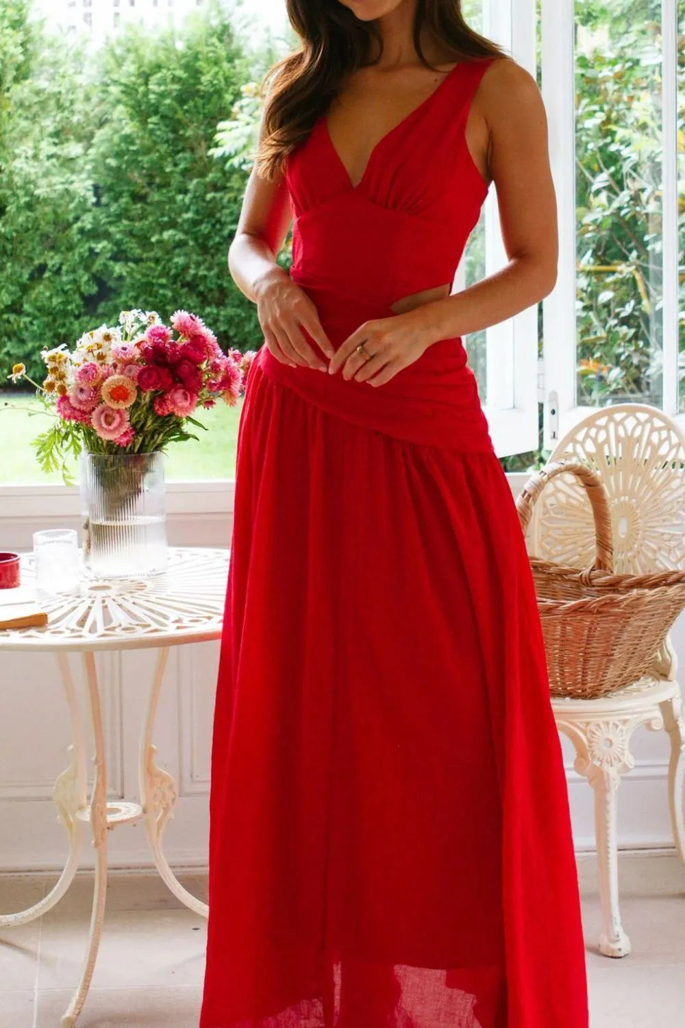 V-Neck Side-Cutout Ruched Maxi Dress