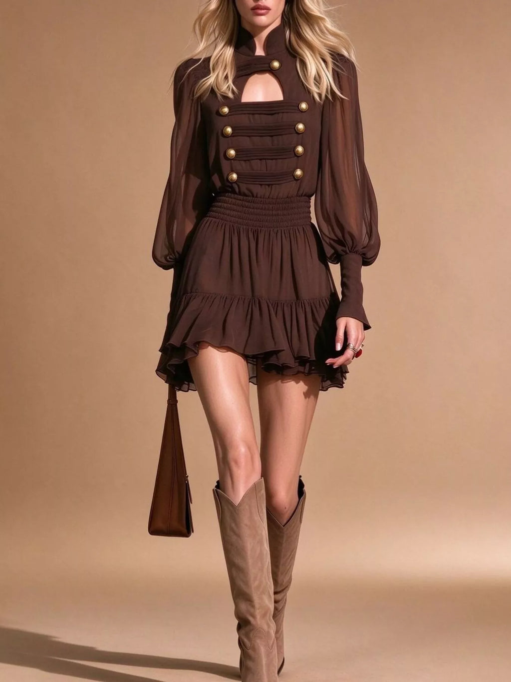 Decorative-Button Ruffled Tiered Mini Dress