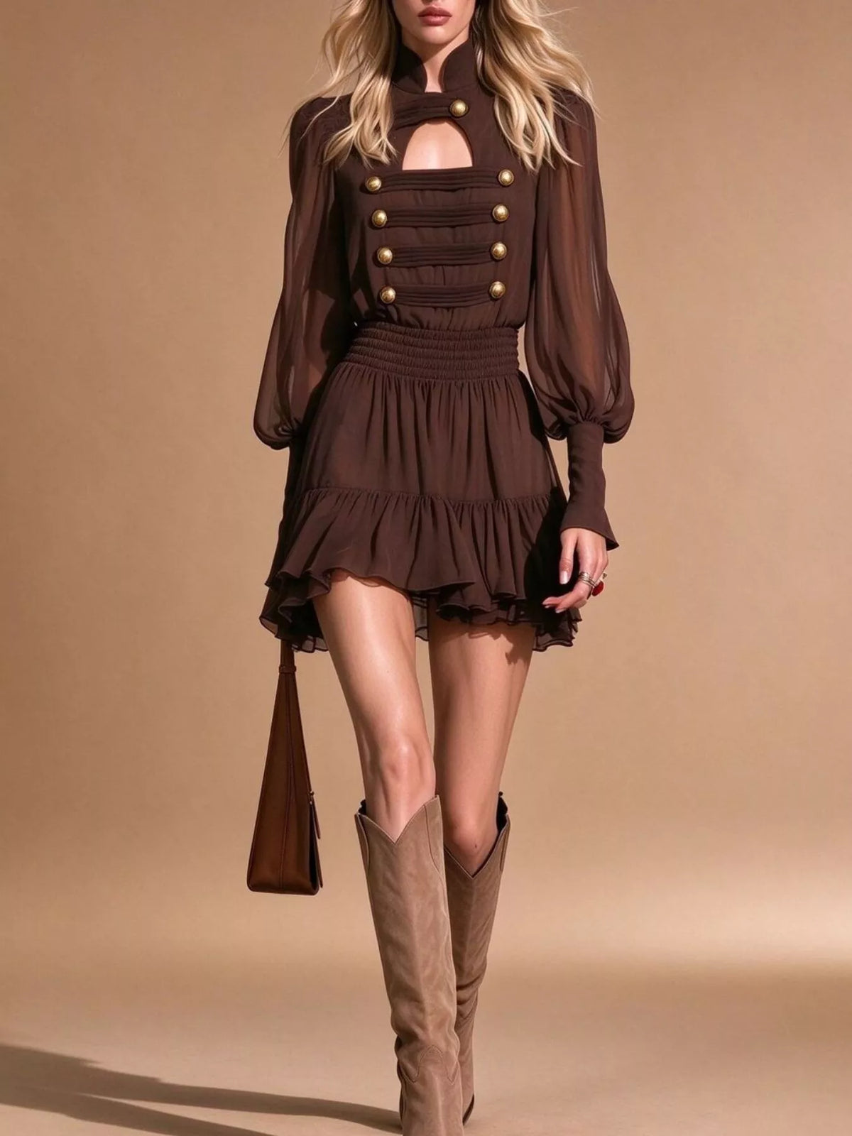 Decorative-Button Ruffled Tiered Mini Dress