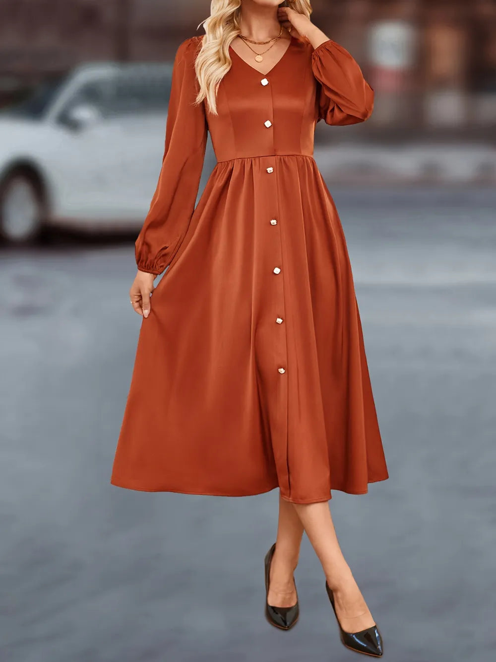 Terracotta V-Neck Balloon-Sleeve Midi Dress