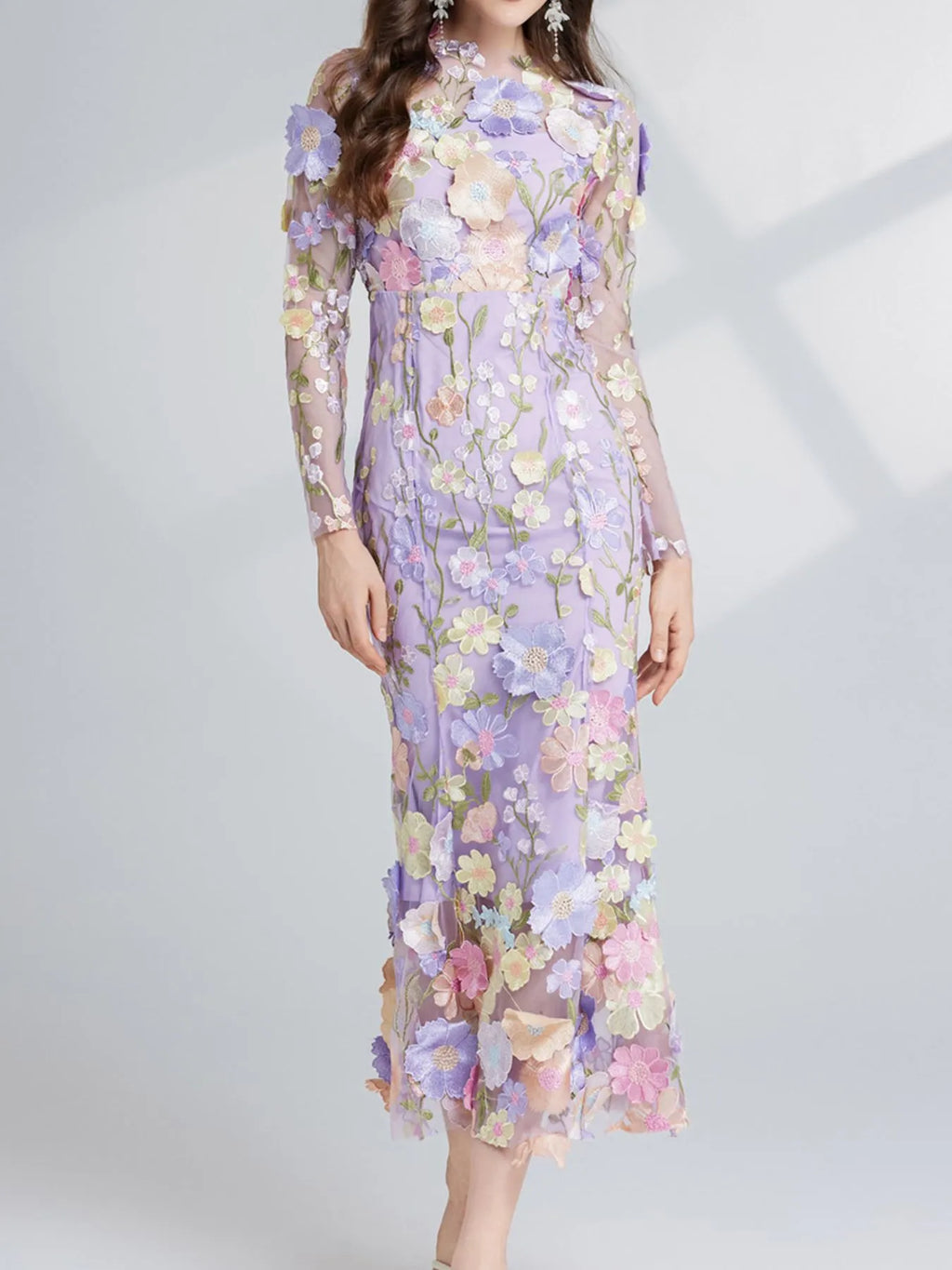 Floral-Embroidered Mesh Long-Sleeve Midi Dress
