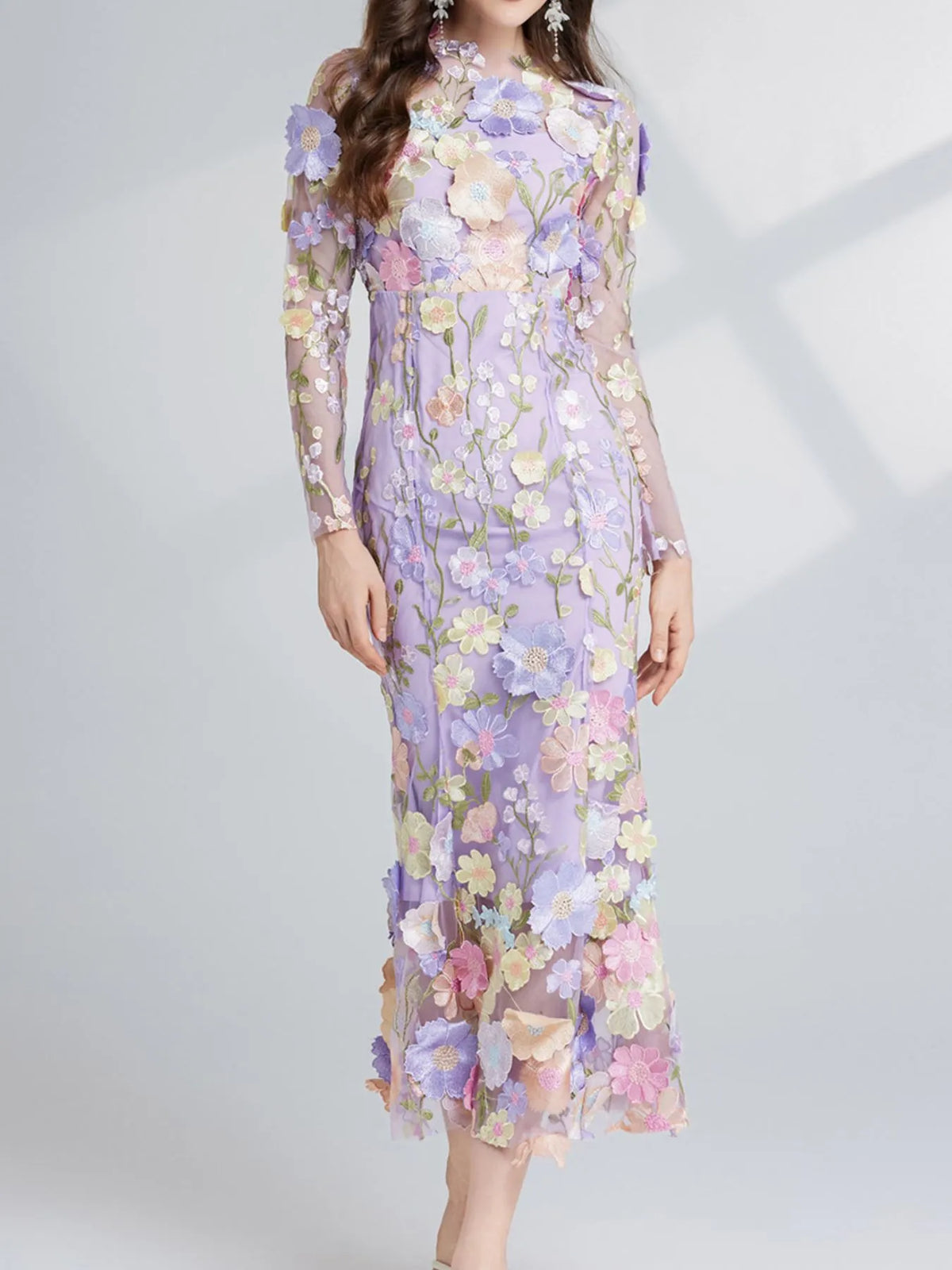 Floral-Embroidered Mesh Long-Sleeve Midi Dress