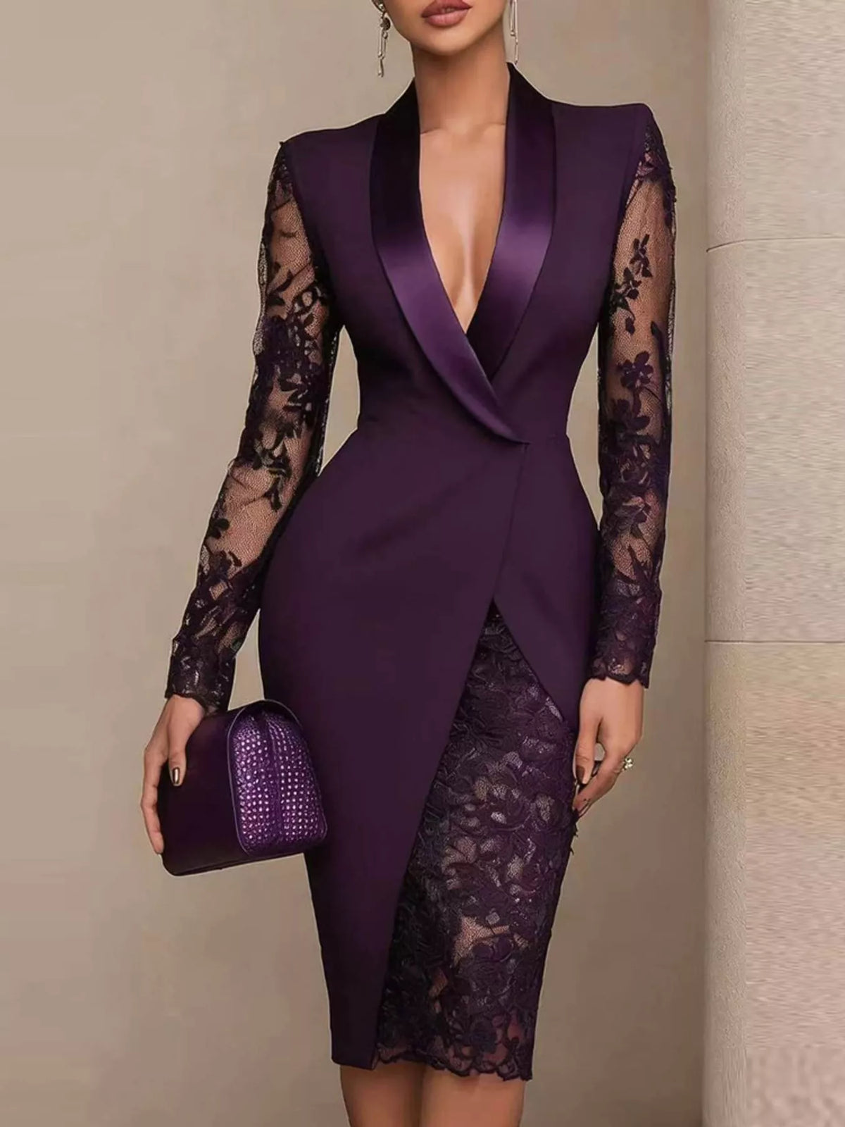 Lace-Sleeve Blazer Dress