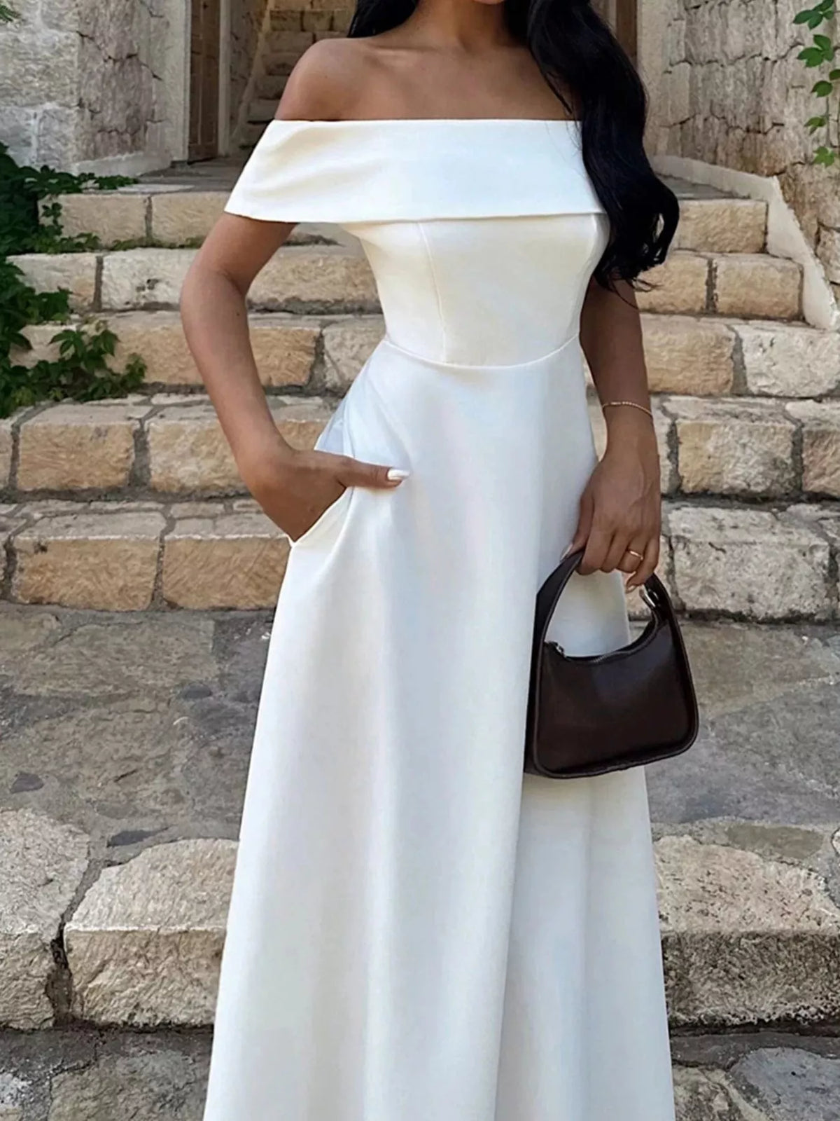 Burgundy Off-Shoulder A-Line Maxi Dress with Pockets