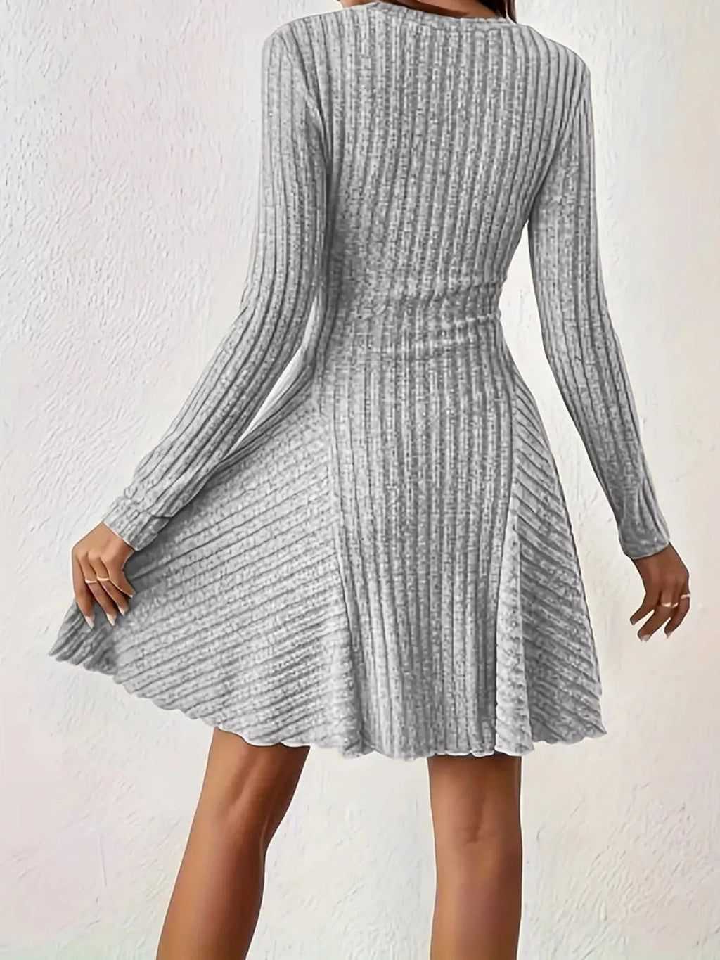 Long-Sleeve Ribbed Knit A-Line Mini Dress