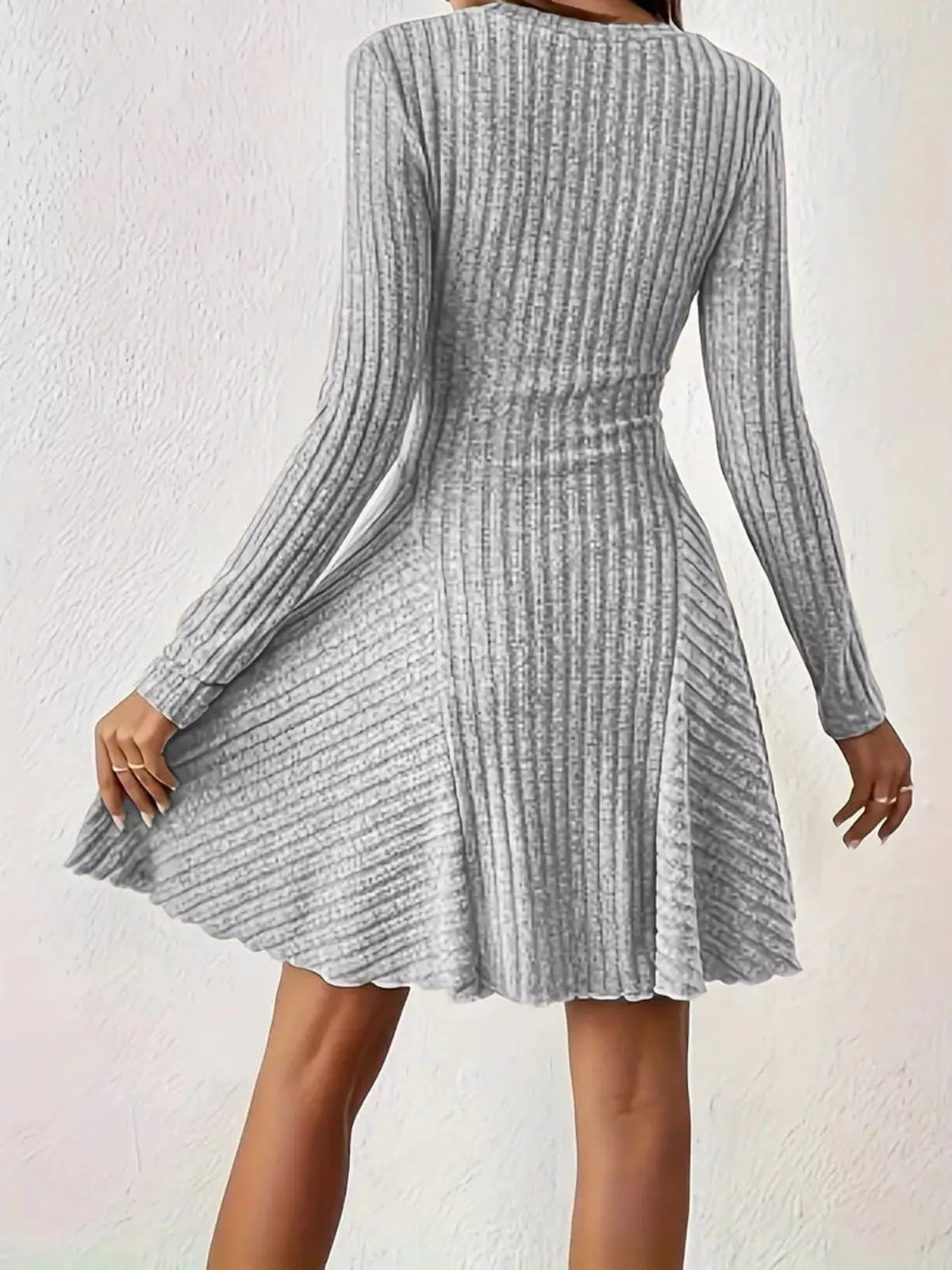Long-Sleeve Ribbed Knit A-Line Mini Dress