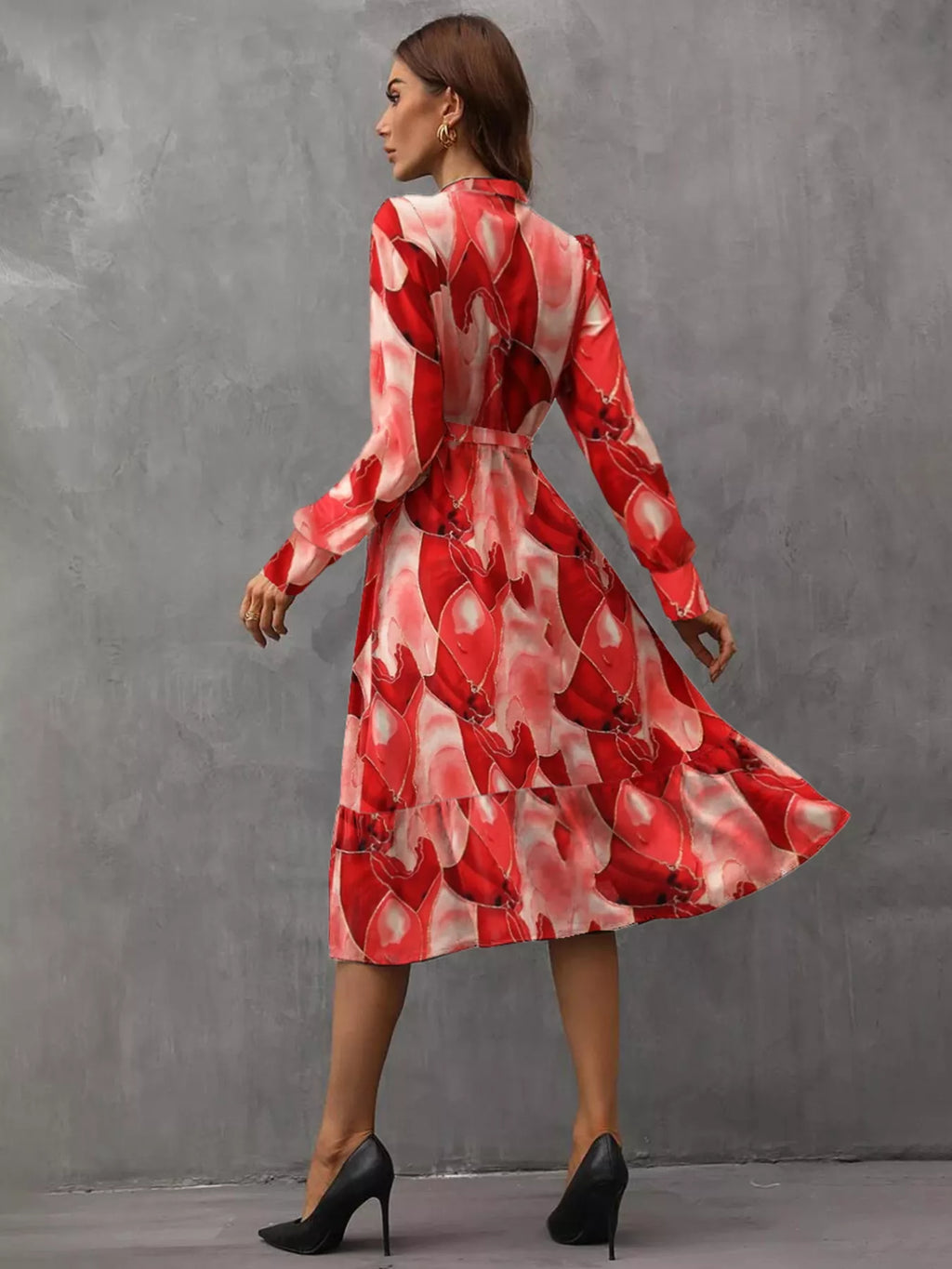 Printed Notched-Neck Tie-Waist Long-Sleeve Midi Dress