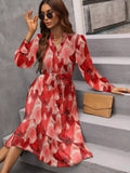Printed Notched-Neck Tie-Waist Long-Sleeve Midi Dress