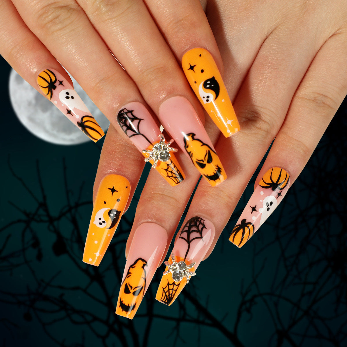 Halloween Press-On Nails – 24 PCS Pumpkin Bat Ghost Spider | Almond Ballerina, Reusable Acrylic — Prime Trend Market