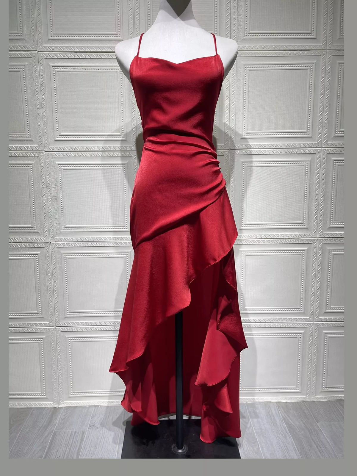 High-Low Ruffle-Hem Evening Dress