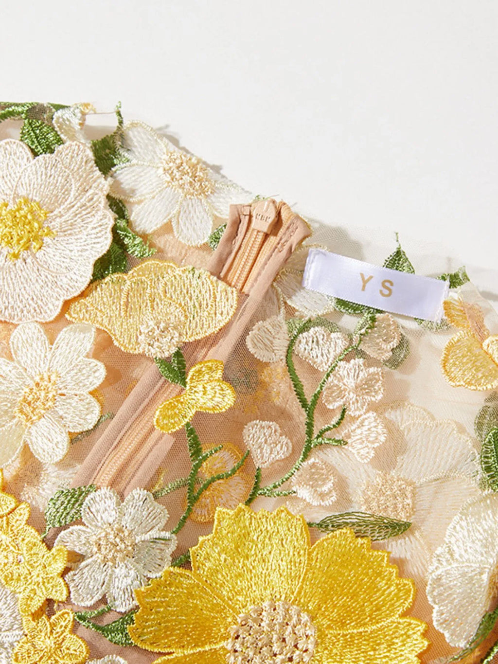 Floral-Embroidered Mesh Long-Sleeve Midi Dress