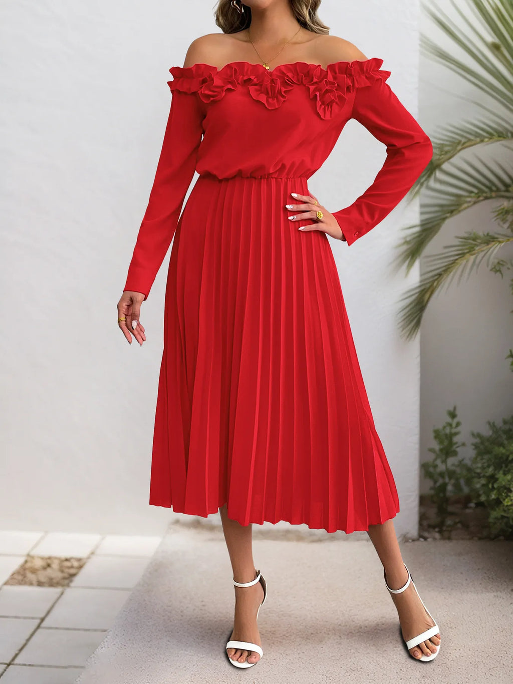 Red Off-Shoulder Ruffle Long-Sleeve Pleated Midi Dress