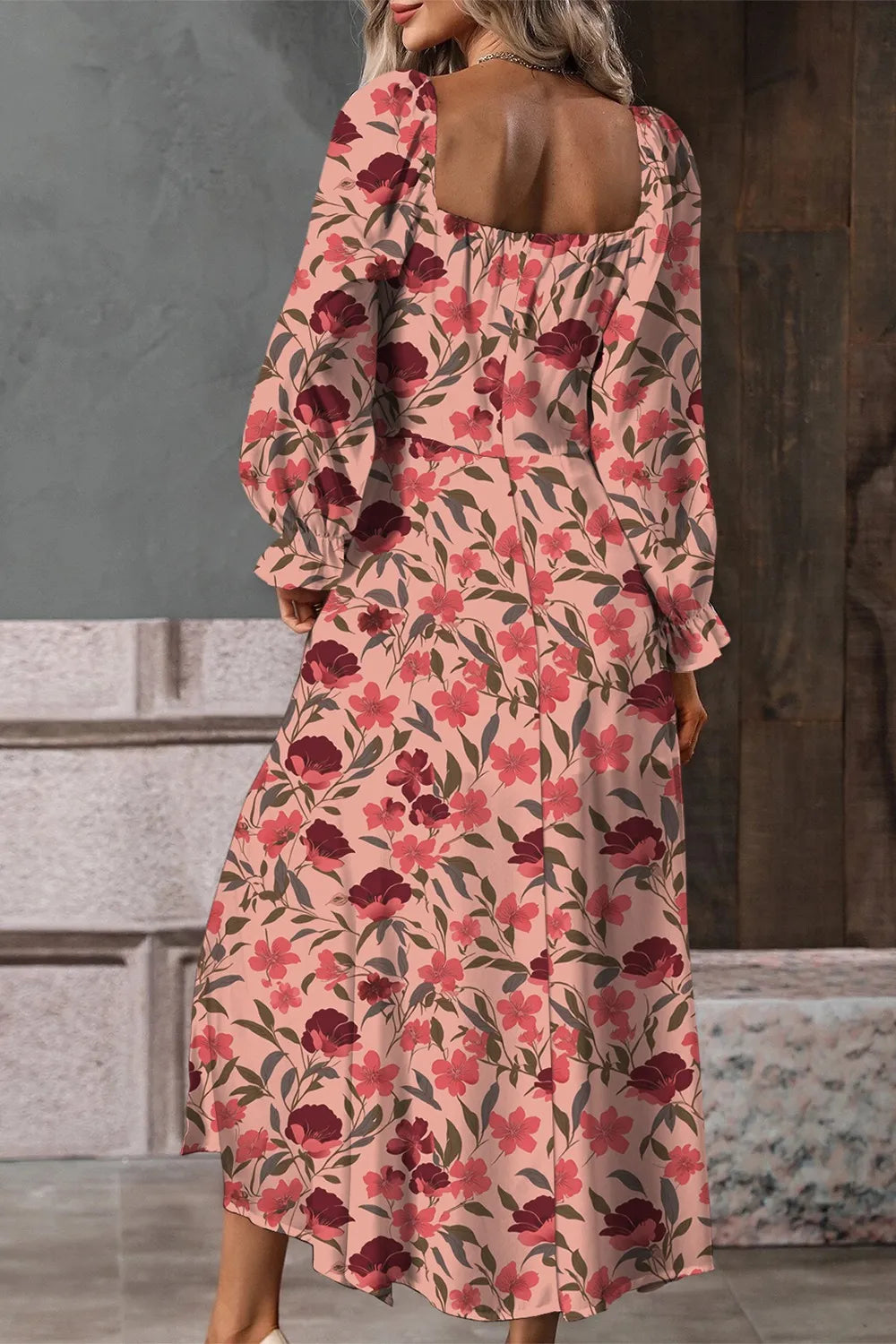 Floral Square-Neck Flounce-Sleeve Slit Midi Dress