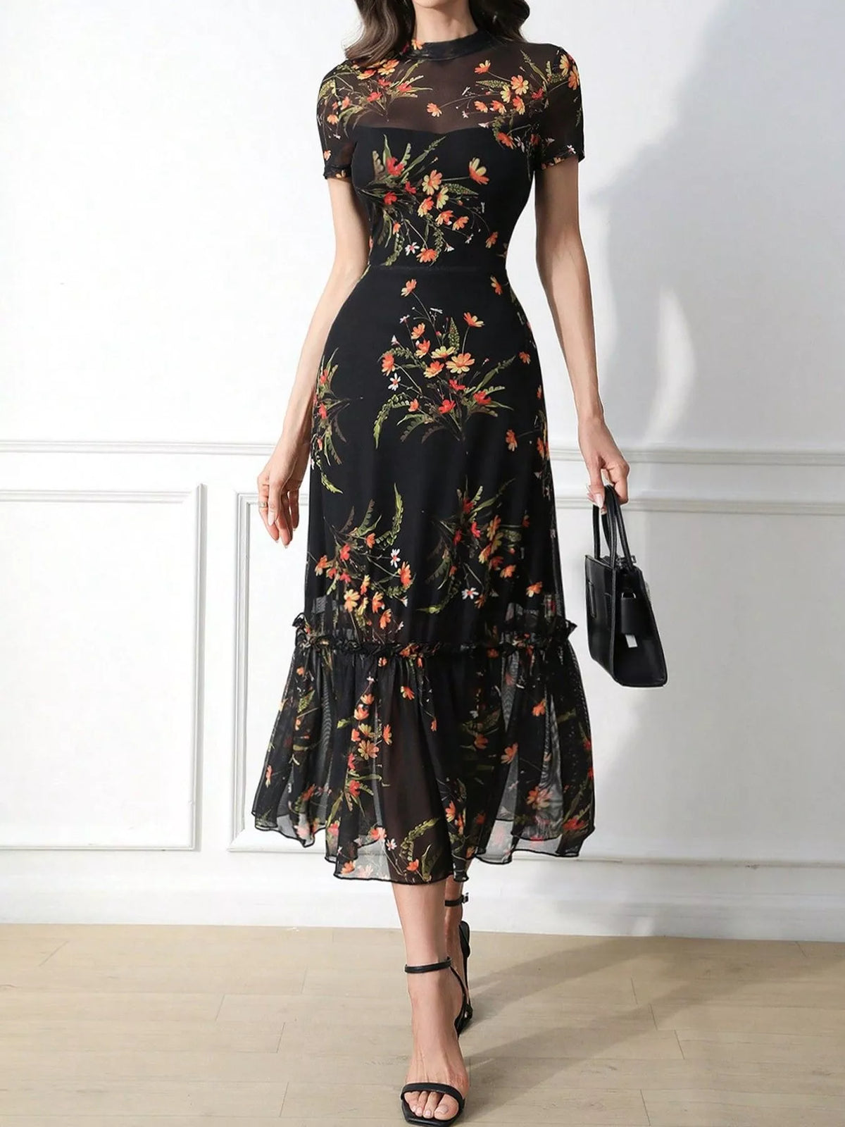 Black Floral Sheer-Overlay Ruffle-Hem Midi Dress