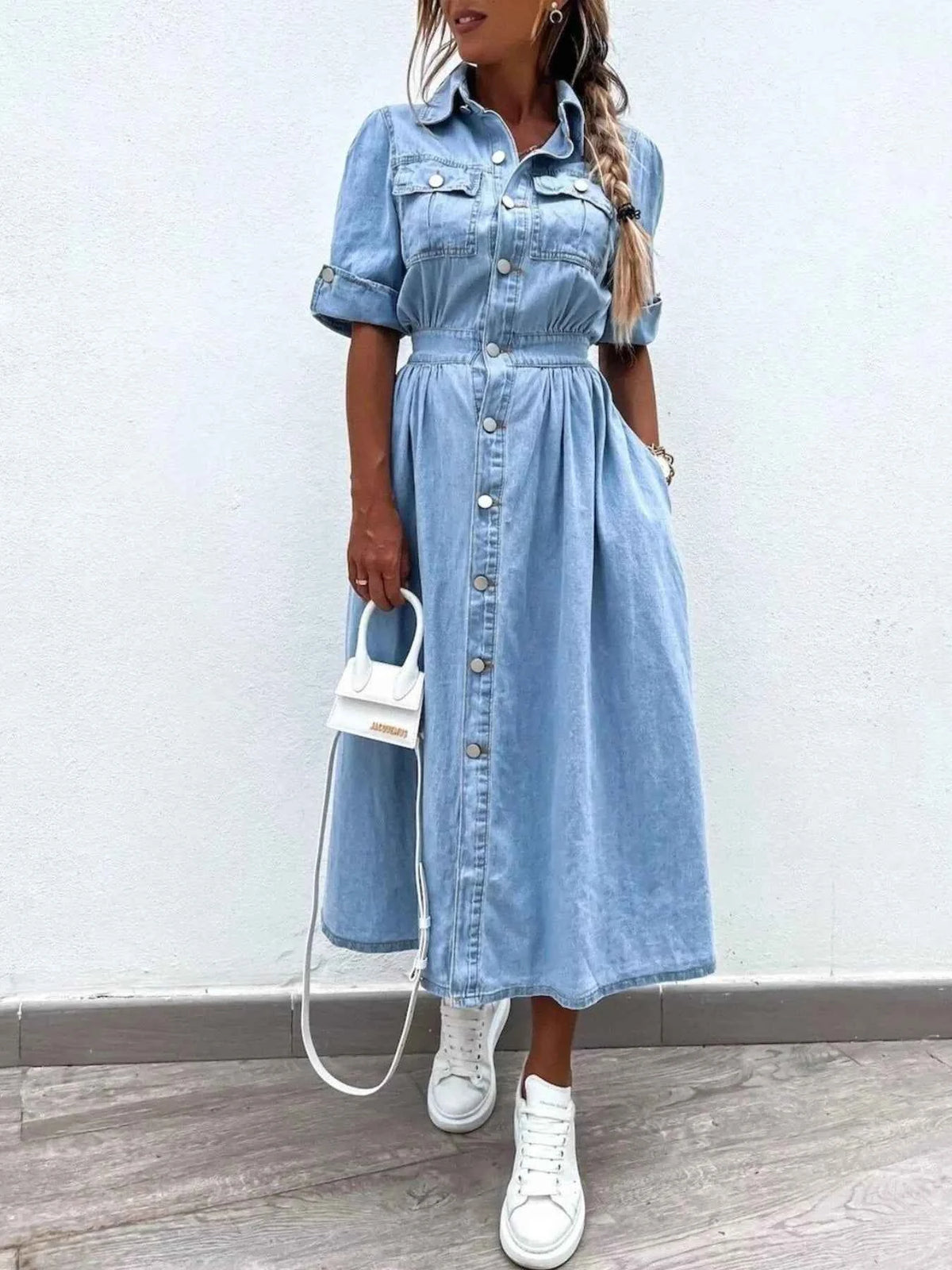 Light Blue Denim-Look Button-Down Shirt Dress