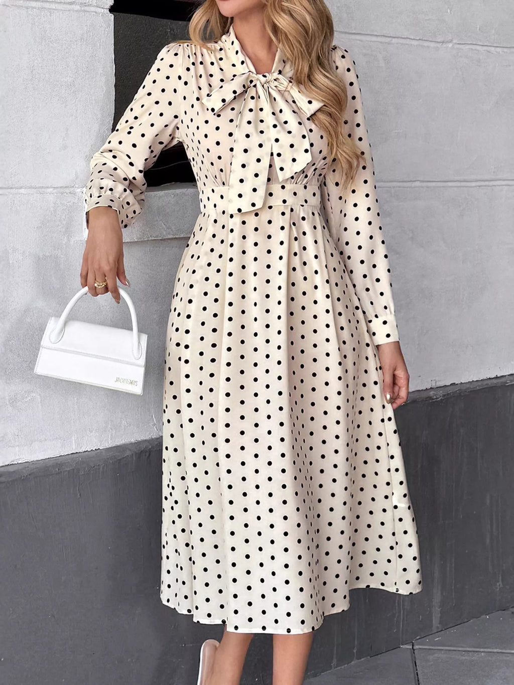 Polka-Dot Tie-Neck Long-Sleeve Midi Dress