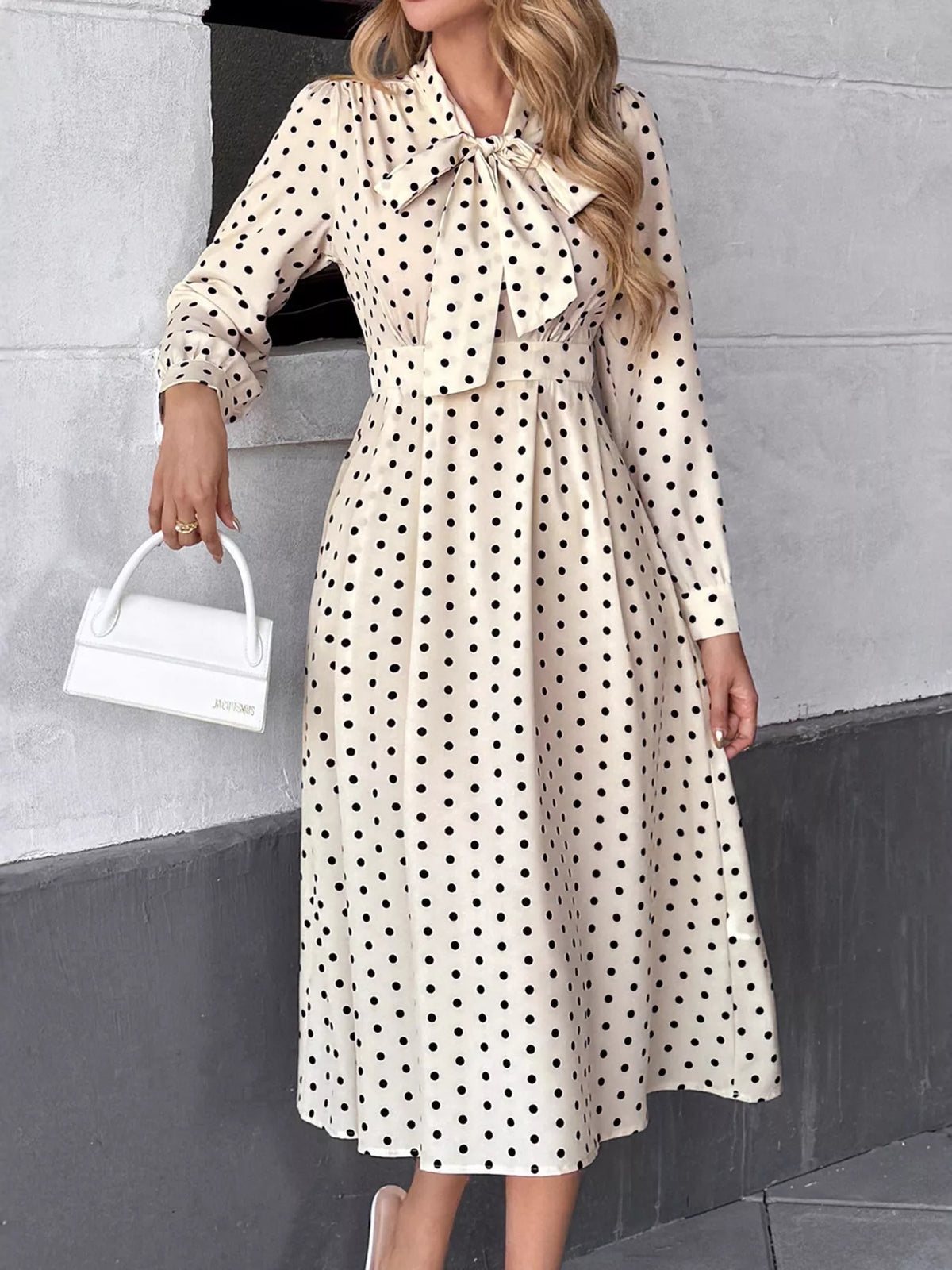 Polka-Dot Tie-Neck Long-Sleeve Midi Dress