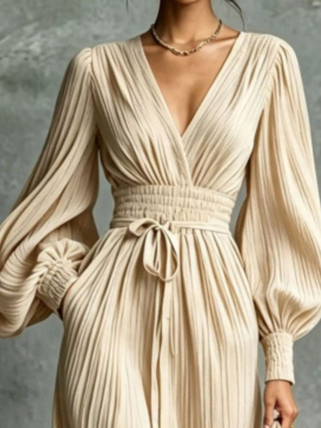 Pleated V-Neck Tie-Waist Maxi Dress