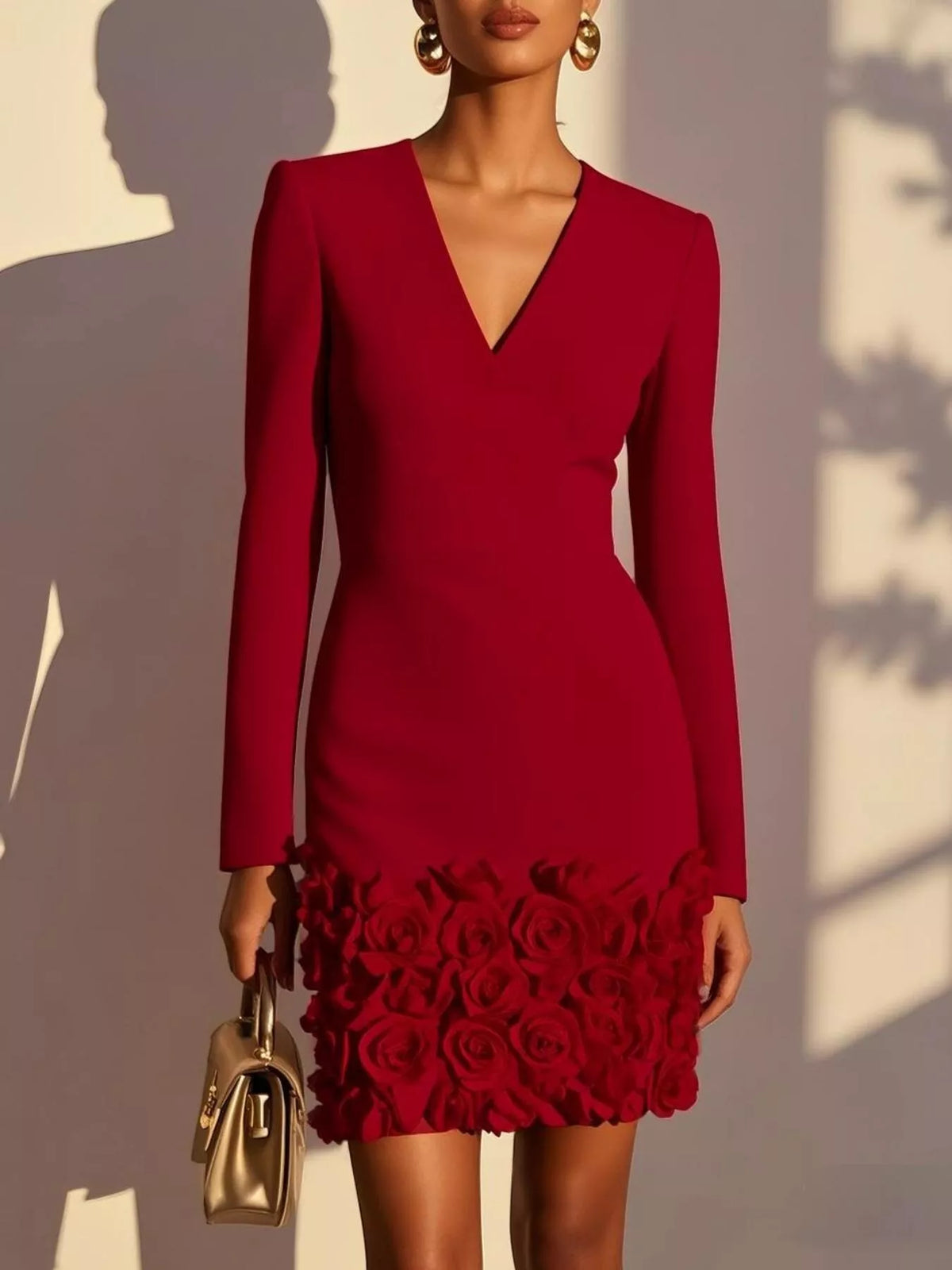 V-Neck Long-Sleeve Mini Dress with 3D Rose Hem