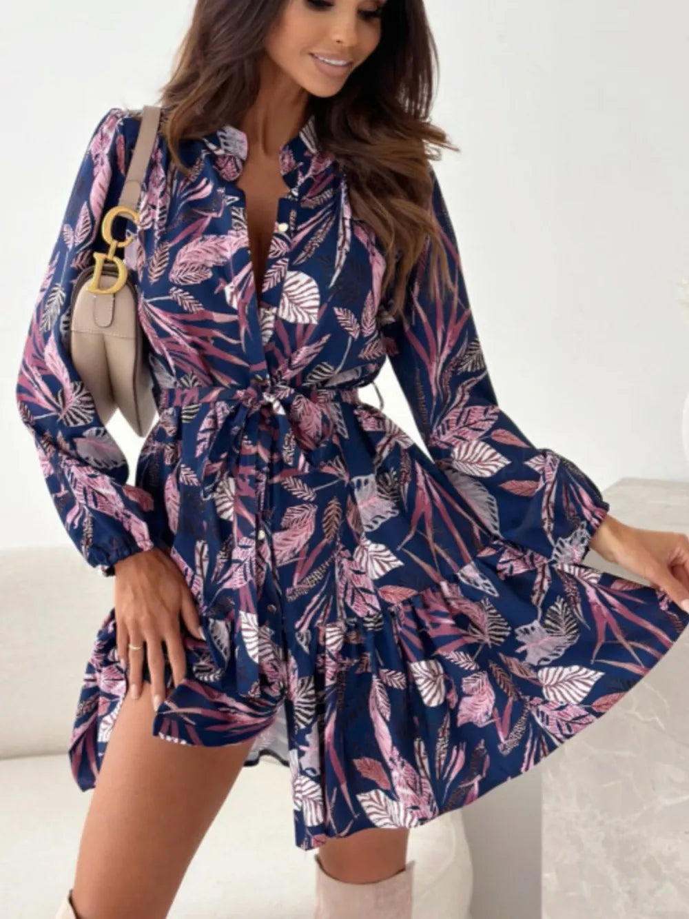 Floral Long-Sleeve Tie-Waist Ruffle-Hem Mini Dress