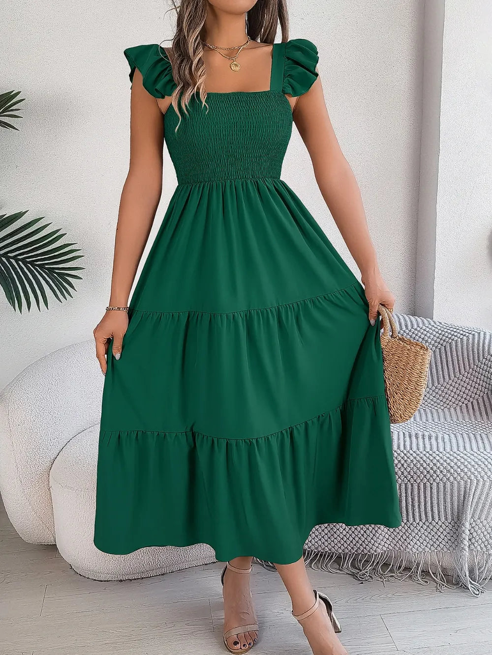 Smocked Square-Neck Cap-Sleeve Midi Dress