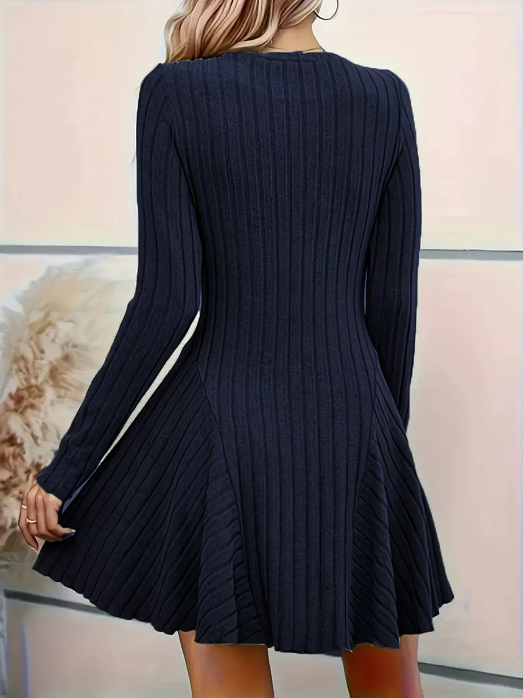 Long-Sleeve Ribbed Knit A-Line Mini Dress