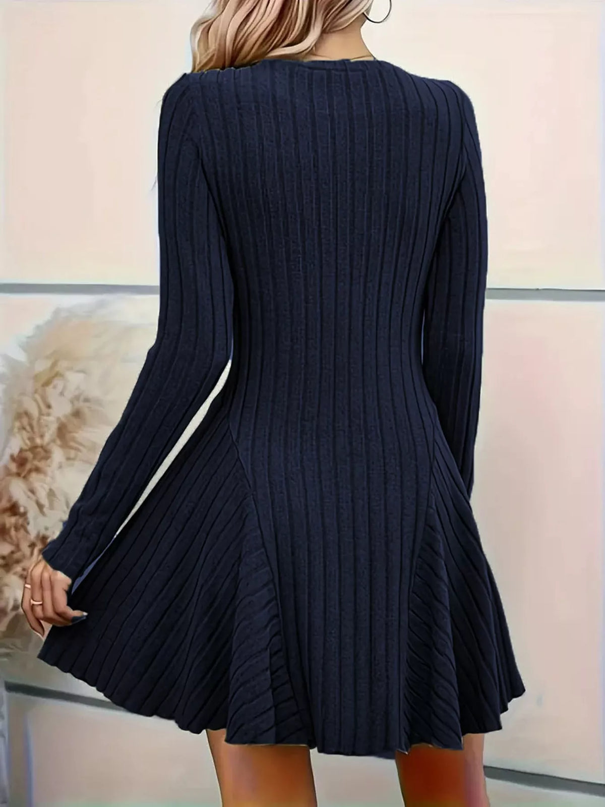 Long-Sleeve Ribbed Knit A-Line Mini Dress