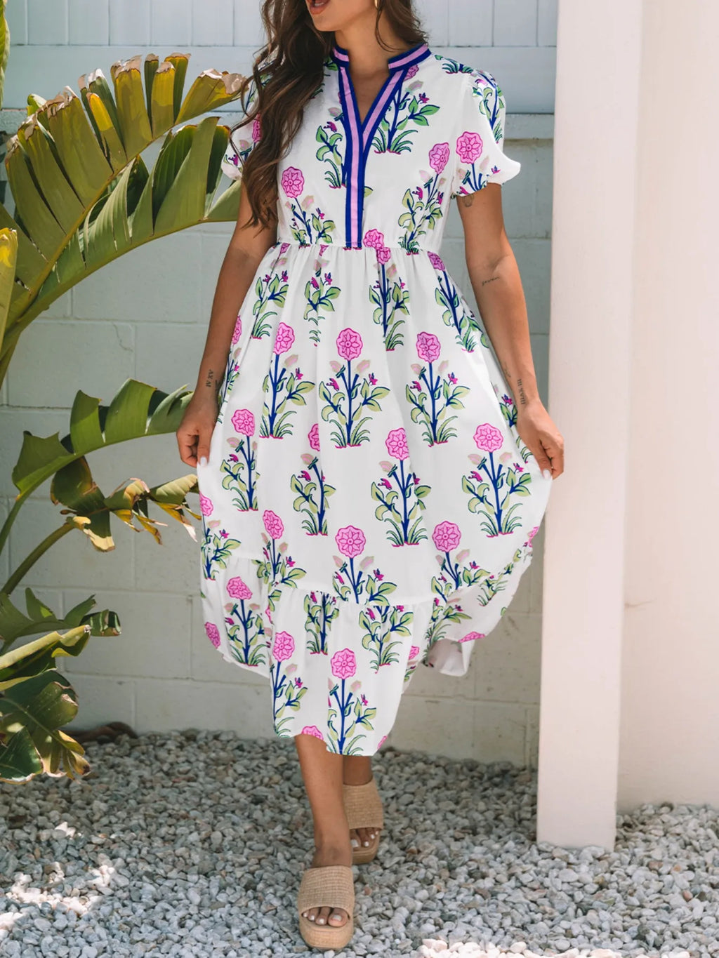 White Floral Short-Sleeve Tiered Midi Dress with Pockets