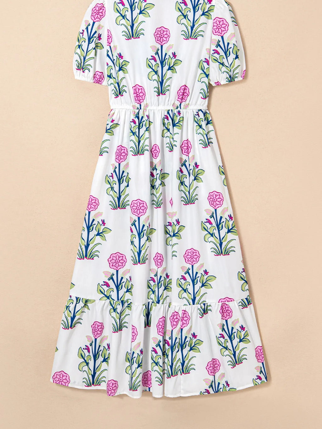 White Floral Short-Sleeve Tiered Midi Dress with Pockets