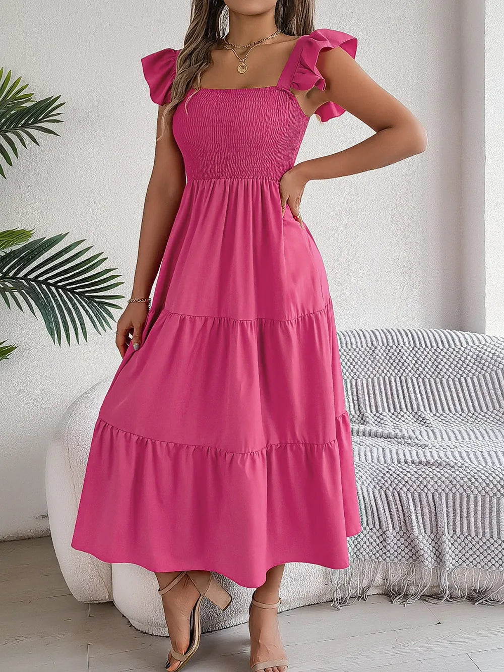 Smocked Square-Neck Cap-Sleeve Midi Dress