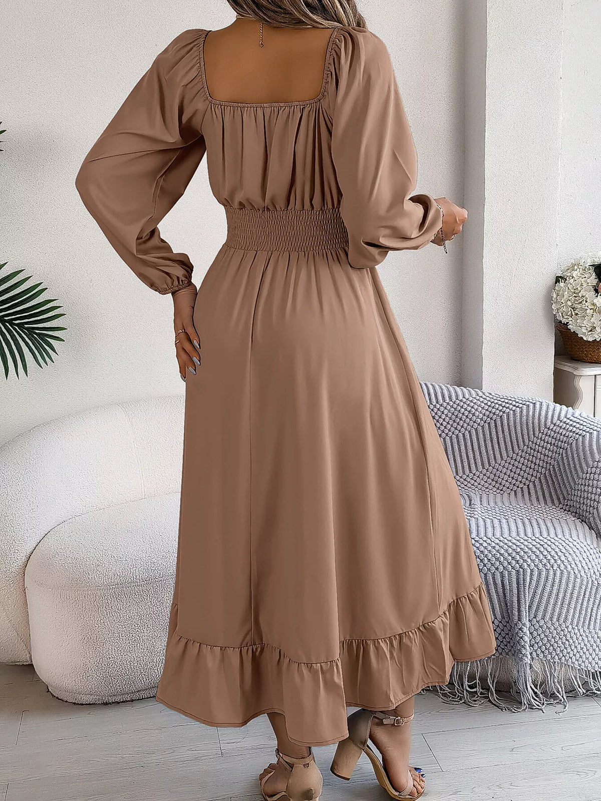 Square-Neck Smocked-Waist Long-Sleeve Midi Dress