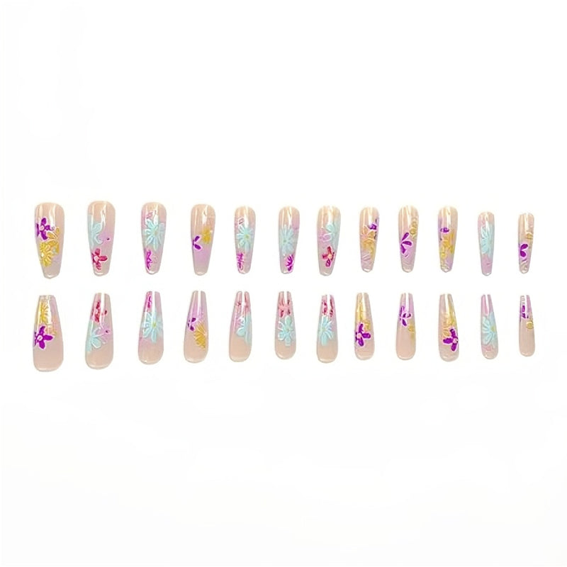 Flat Flower Press-On Nails – 24 PCS Long Square | Floral Nail Art for Everyday & Bridal Glam — Prime Trend Market