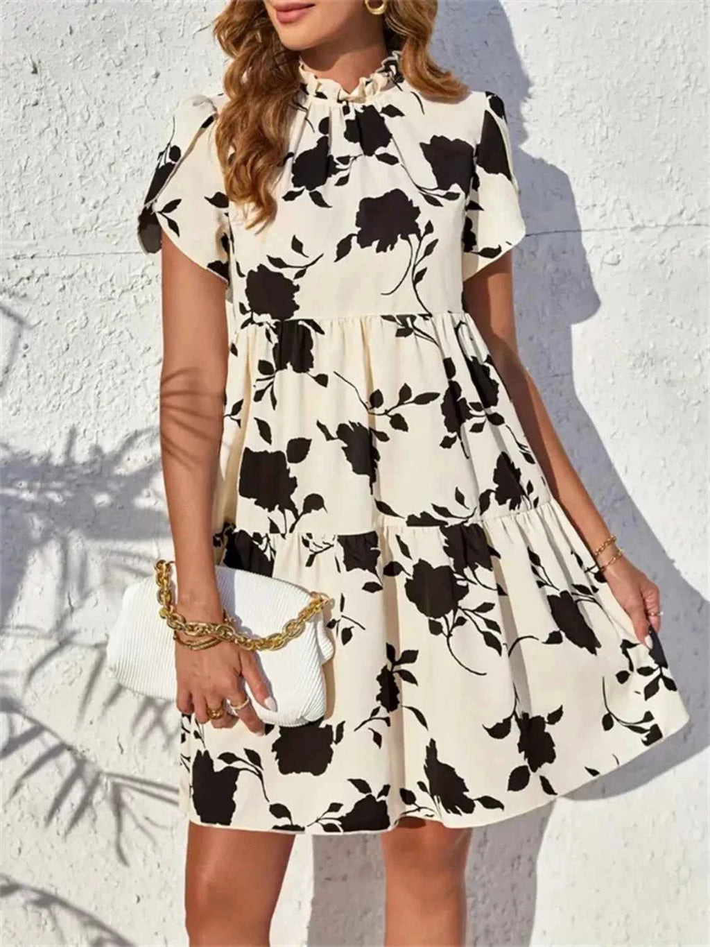 Black Floral Short-Sleeve Tiered Dress
