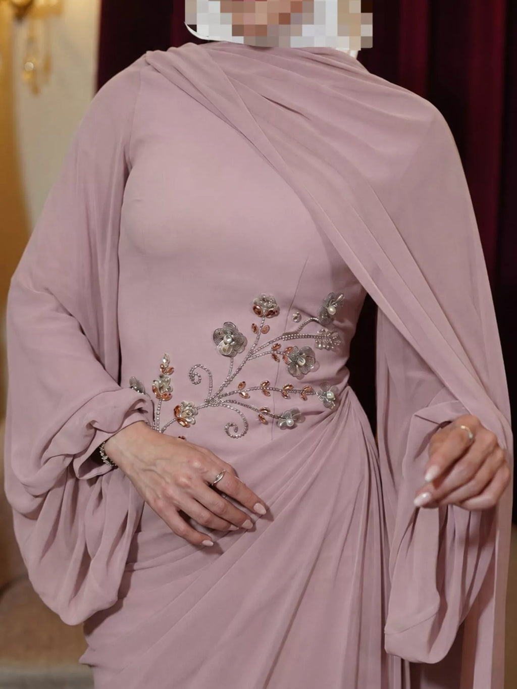 Floral-Embellished Long-Sleeve Ruched Evening Maxi Dress | S–3XL