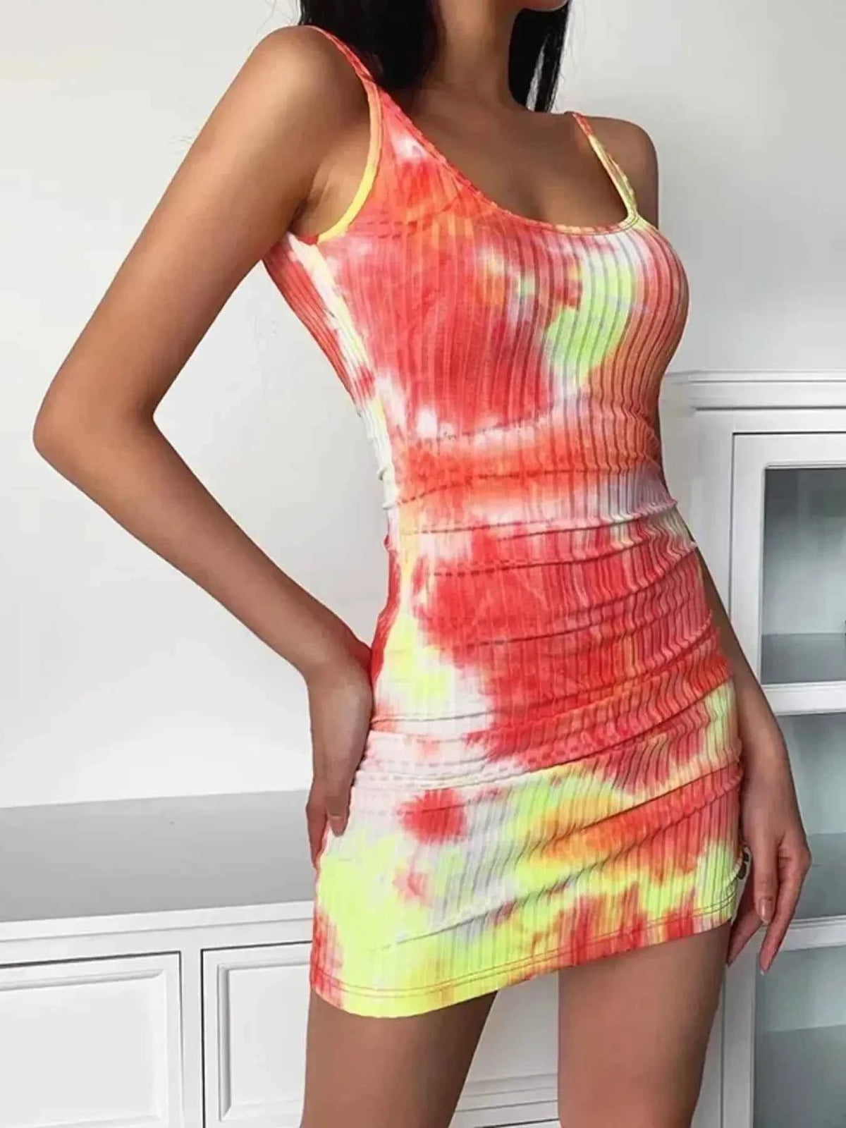 Coral Tie-Dye Ribbed Drawstring Mini Dress