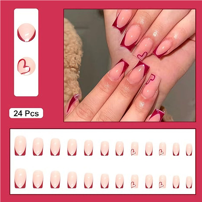 24 PCS Press On Nails – Wine Red Heart French Tip, Medium Square, Gel Acrylic — Prime Trend Market