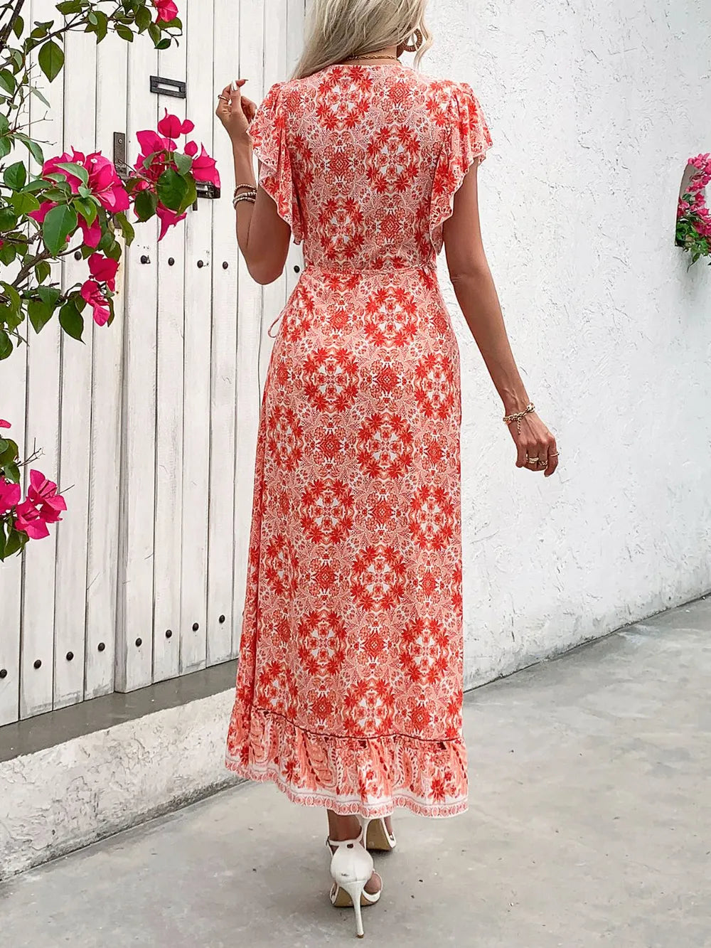 Perfee Coral Floral Ruffled High-Low Midi Dress